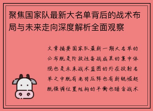 聚焦国家队最新大名单背后的战术布局与未来走向深度解析全面观察