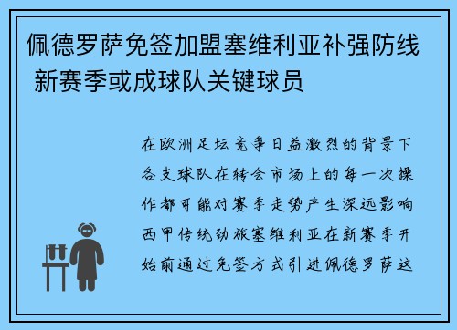 佩德罗萨免签加盟塞维利亚补强防线 新赛季或成球队关键球员